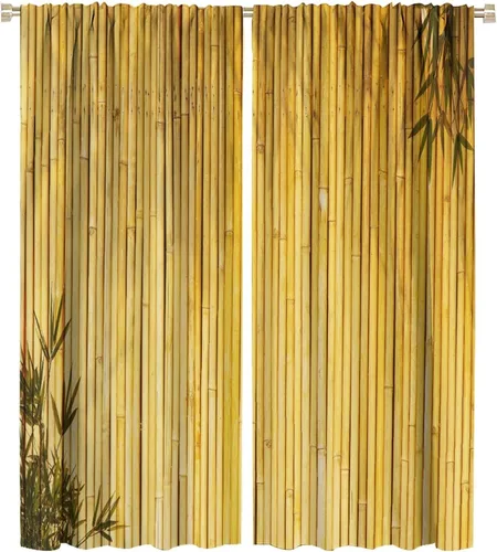 Miniatura 17 de Cortinas con estampado de bambú, tallos y hojas de bambú, temática oriental natural, oscurecimiento de habitación, ventana, ventana, cortina