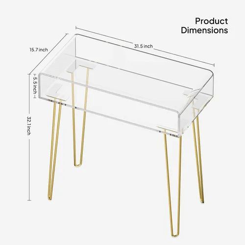 Miniatura 3 de Eglaf - Escritorio de acrílico para tocador, pequeña mesa de maquillaje con patas de metal dorado Clear Dressing Table for Bedroom, Dressing Room