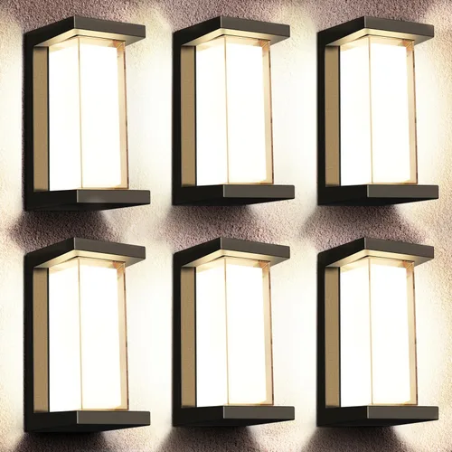 Juyace Accesorios de iluminación exterior de 18 W, paquete de 6 luces económicas para porche al aire libre, apliques negros modernos, montaje en