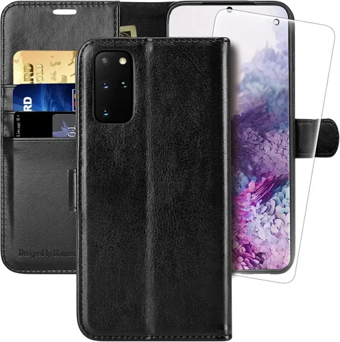 MONASAY Funda tipo cartera compatible con Galaxy S20+ Plus 5G de 6.7 pulgadas, protector de pantalla incluido, funda de piel con tarjetero y Negro