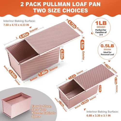 Miniatura 2 de Pavsrmy Paquete de 2 moldes para pan Pullman con tapa, capacidad para 1 lb/0.5 lb de masa, molde premium para pan de sándwich con tapa, molde
