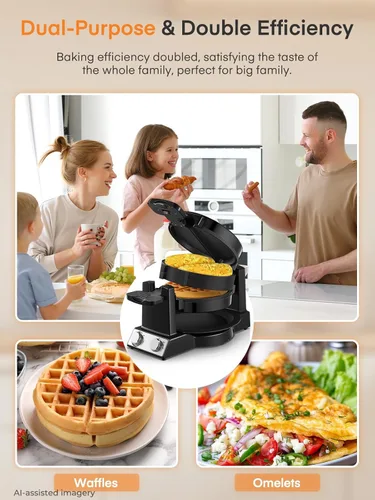 Miniatura 7 de FOHERE Máquina de tortilla y wafflera 2 en 1, máquina para hacer gofres de tortilla de 1400 W, giro de 180°, control de tostado ajustable, sartenes