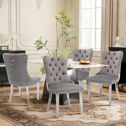 Miniatura 123 de Juego de 4 sillas de comedor de terciopelo, sillas de comedor tapizadas con ribete de cabeza de clavo y patas de madera maciza para cocina