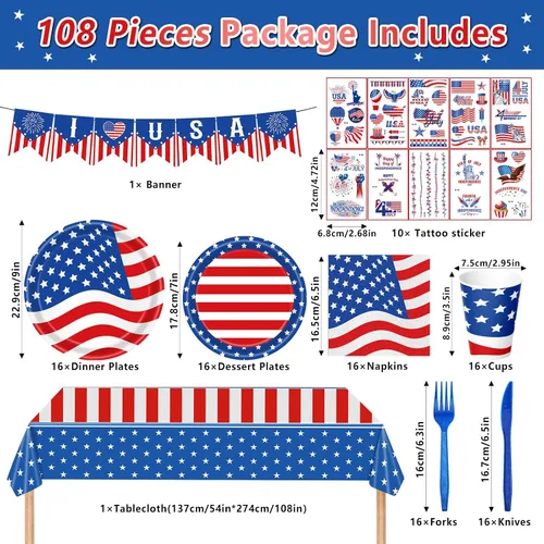 Miniatura 3 de 108 piezas de suministros para fiesta del 4 de julio, juego de vajilla con la bandera estadounidense, decoraciones patrióticas para fiestas