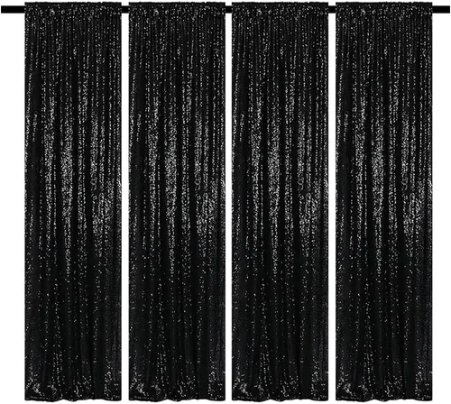Cortinas de fondo de lentejuelas negras con purpurina de 2 x 8 pies, 4 paneles para decoración de bodas, fiestas de cumpleaños, despedidas de Negro