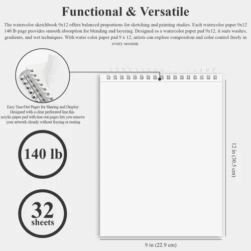 Miniatura 2 de Fuxi Papel de Acuarela 9 x 12 pulgadas, Cuaderno de Bocetos de Acuarela 140 lb Prensado en Frío, 32 Hojas (64 Páginas) Bloc de Acuarela, Perfecto