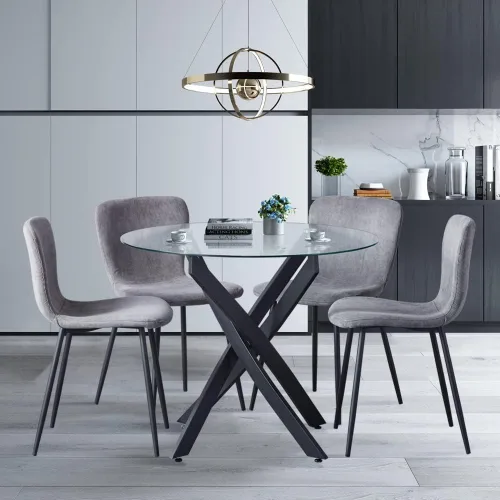 Miniatura 11 de Juego de mesa de comedor redonda de vidrio templado para 4, juego de mesa de cocina moderna de 5 piezas con 4 sillas tapizadas para cocina y comedor