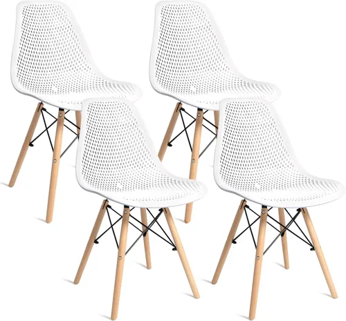 CangLong Silla de comedor con carcasa de plástico, silla auxiliar moderna de mediados de siglo con diseño de malla, patas de madera de haya para