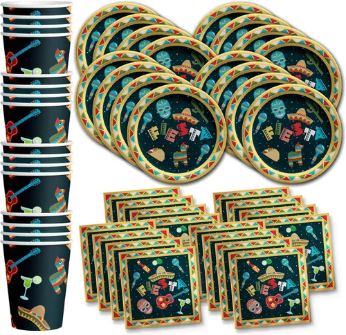 Suministros de fiesta temática mexicana - Juego de platos de tacos con servilletas y tazas | Kit para 16