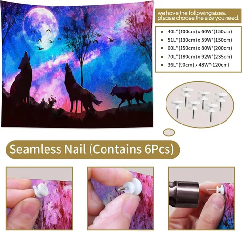 Miniatura 7 de HVEST Tapiz de lobo púrpura azul psicodélico cielo estrellado tapices luna y montañas paisaje natural para colgar en la pared para dormitorio, sala