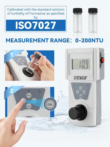 Miniatura 3 de NEWTRY Medidor de turbidez, 0-200NTU Turbidímetro portátil de mano con soluciones de calibración, cumple con ISO7027, medidor de turbidez portátil