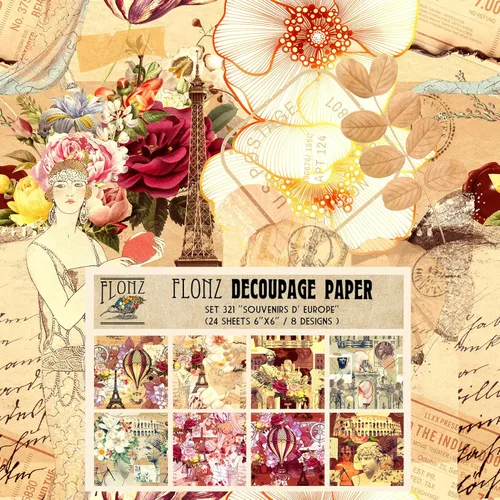 Paquete de papel para decoupage (24 hojas 15x15 cm) Recuerdos de Europa # Papel con patrón estilo vintage para decoupage, manualidades y álbumes de