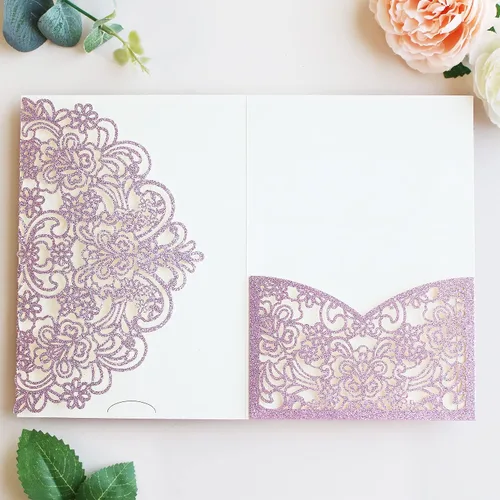 Hosmsua 50 bolsillos de invitación de boda con purpurina morada, 5.12 x 7.2 pulgadas, corte láser, bolsillos de invitación de quinceañera de encaje