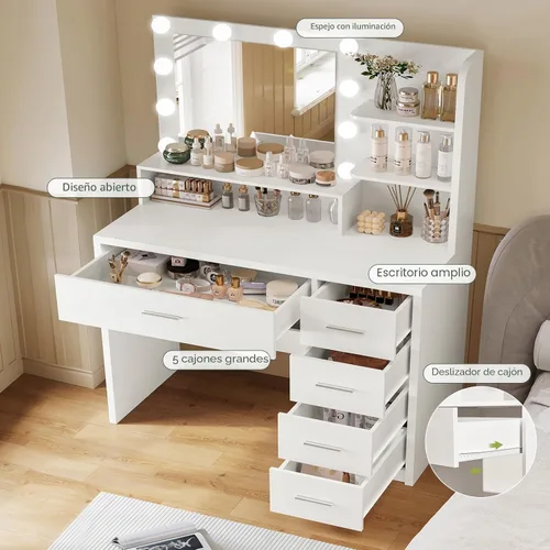 Miniatura 3 de FIONESO Escritorio grande con espejo y luces, tocador de maquillaje con 11 cajones y 6 estantes abiertos, 3 modos de iluminación, brillo ajustable