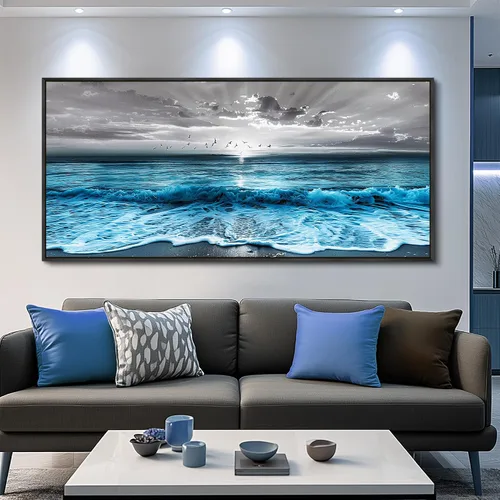 Miniatura 13 de ERQINHUA Gran decoración de pared para sala de estar, arte de pared en lienzo para restaurante, decoraciones para oficina, pinturas de mar azul