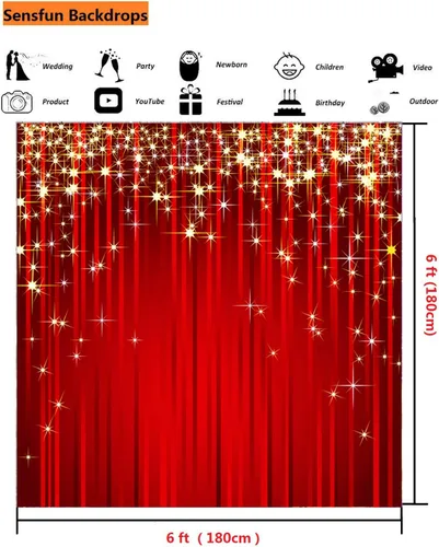 Miniatura 3 de Sensfun 6x6 pies Telón de fondo rojo con estrellas de Navidad, purpurina dorada, estrella de fotografía, fondo de foto con serpentina roja, telones