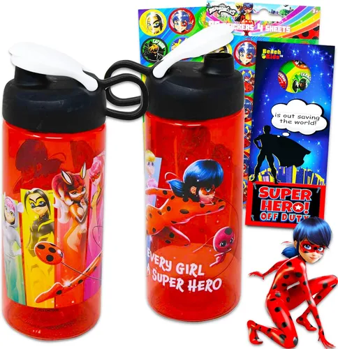 Zagtoon Miraculous Ladybug - Juego de botellas de agua para niñas y niños, paquete de suministros escolares Miraculous Ladybug con 2 botellas de