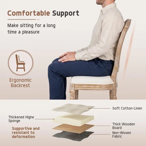 Miniatura 6 de Polar Aurora Juego de 2 sillas de comedor con respaldo cuadrado de tela beige con patas de madera maciza y marco para cocina francesa de campo