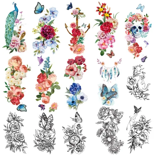 Yazhiji 15 hojas grandes Sexy impermeable tatuajes temporales para hombres mujeres flores colección (19X9 CM)