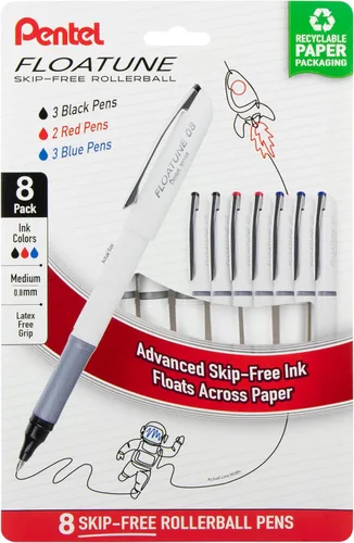 Bolígrafo de bola de tinta Pentel Floatune, (0.8mm), punta media, tinta negra/azul/roja, paquete de 8 bolígrafos (BY108PF8OFC)