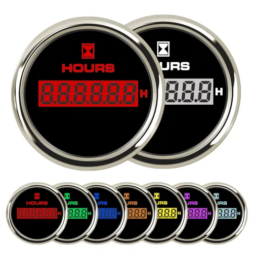 52mm (2") Medidor de Horas con Retroiluminación de 7 Colores para Barco Marino, Coche, Motocicleta 9-32V Impermeable IP68 Medidor de Tiempo Plateado