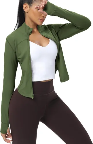 Miniatura 26 de AVGO Chaquetas de entrenamiento recortadas para mujer, con cremallera, ajustadas, atléticas, con agujeros para el pulgar