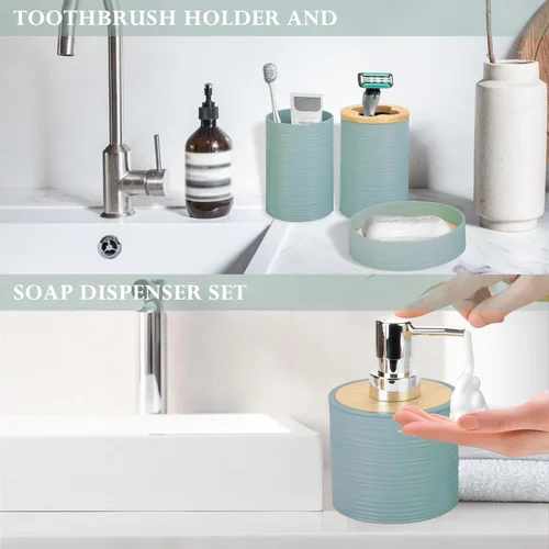 Miniatura 6 de Juego de accesorios de baño de bambú de 4 piezas, juego de accesorios de baño con dispensador de jabón y soporte para cepillos de dientes, jabonera