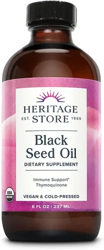 HERITAGE STORE Aceite de Semilla Negra, Suplemento Orgánico Prensado en Frío Nigella Sativa con Timoquinona, Omega 3 6 9, Antioxidante, Inmunidad,