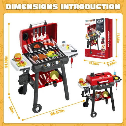 Miniatura 7 de Juego de Parrilla para Niños, Parrilla de Juguetes BBQ con Sonido de Humo, Luz y Rueda, Juguetes de Cocina de Simulación Movibles para Niños