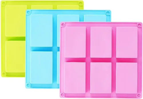 TDHDIKE Paquete de 3 moldes de silicona para jabón (azul y rosa y verde), 6 cavidades de silicona para hornear, fabricación de jabón hecho a mano,