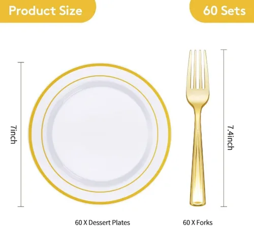 Miniatura 4 de Goodluck 120 platos de plástico dorados de postre de 7 pulgadas con tenedores de 7.4 pulgadas, platos dorados para aperitivos para 60 invitados