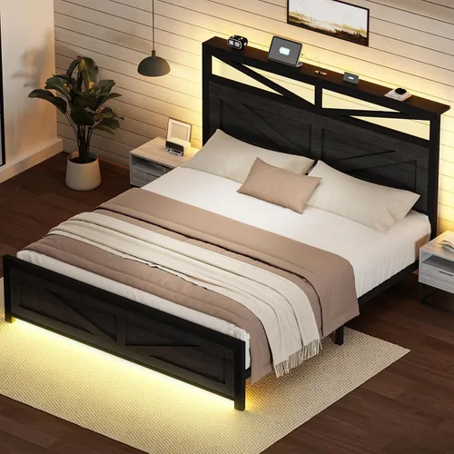 Miniatura 8 de Marco de cama rústico de tamaño completo con cabecera de puerta de granero y almacenamiento, marco de cama LED estilo granja de tamaño completo