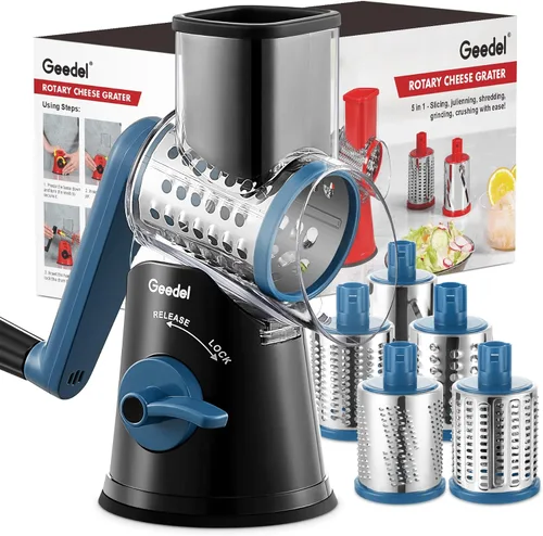 Miniatura 24 de Rallador de queso giratorio Geedel con 3 cuchillas intercambiables, rallador de mandolina de cocina para verduras, frutas, nueces, fácil de limpiar