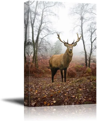 Impresiones en lienzo para pared, hermosos ciervos rojos/ciervos en un paisaje de bosque brumoso en otoño/otoño | Decoración moderna de pared/arte