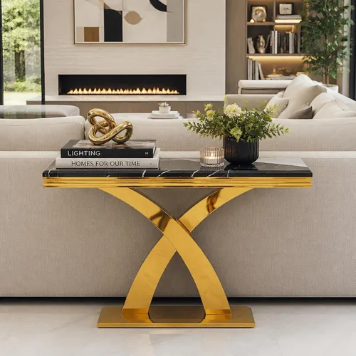 Miniatura 6 de AUZ Mesa consola dorada, mesa rectangular de 50 pulgadas, mesa de entrada de lujo con base en X de metal pulido para sala de estar, pasillo, Negro