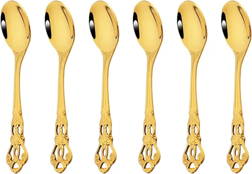 Juego de 6 cucharas de café y té, mini cuchara dorada de acero inoxidable 6 cucharaditas