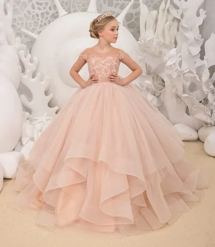 Miniatura 3 de Uzqast Lace Appliques Flower Girls Dresses Tulle Short Sleeves Princess Long Wedding Pageant Ball Gown Dress for Girls