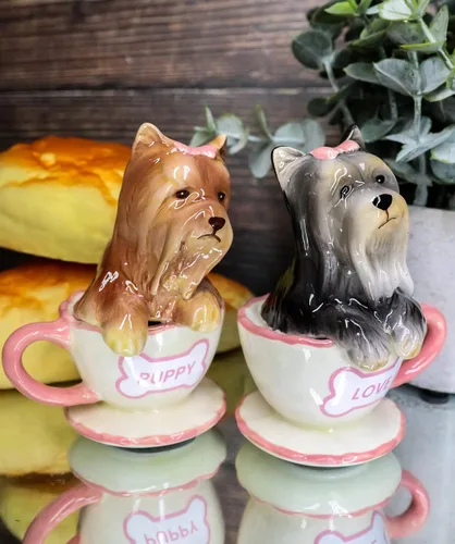 Miniatura 9 de Ebros - Juego de salero y pimentero de cerámica de Yorkshire Terriers Yorkie de cerámica con tazas de té, juego de salero y pimentero, figuras
