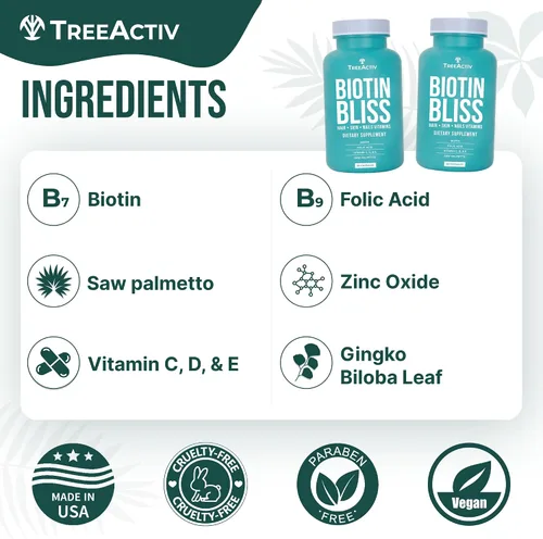 Miniatura 5 de Biotin Bliss Skin Hair Nails Vitaminas + Saw Palmetto Suplemento Volumizador y Espesante Fórmula para Hombres Mujeres Folato MSM B Complejo