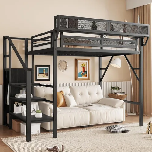 Cama alta convertible de tamaño individual con escaleras de almacenamiento, estantes y armario, marco de cama de metal con barandilla de seguridad,