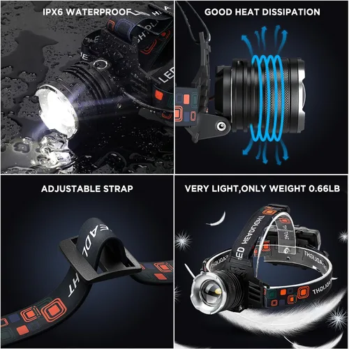 Miniatura 6 de NJ FOREVER - Linterna frontal LED recargable, 3000 lúmenes, súper brillante, con 5 modos, ajustable a 90°, recargable por USB, impermeable