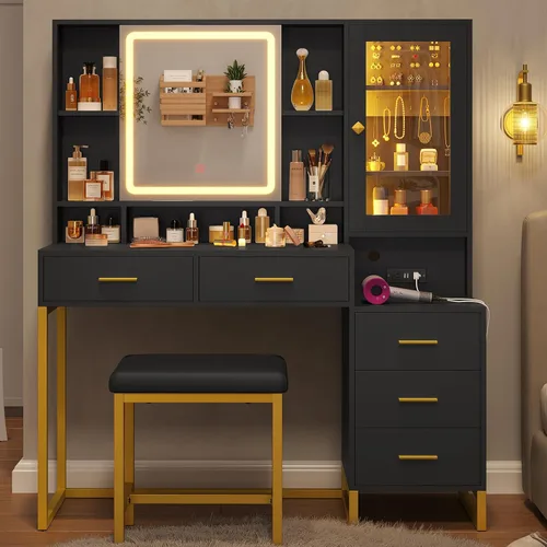 Miniatura 10 de BTHFST Tocador de maquillaje con taburete tapizado y estación de carga, escritorio con espejo y luces, juego de mesa de tocador con almacenamiento