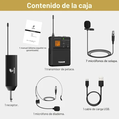 Miniatura 9 de TONOR Sistema de micrófono inalámbrico UHF con micrófono de auriculares/micrófono de solapa Lavalier, transmisor Bodypack, receptor recargable, 15