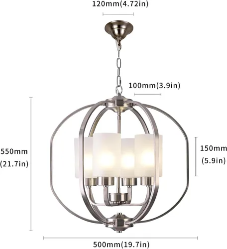 Miniatura 4 de BOZO Candelabro de globo de níquel cepillado de 20 pulgadas, lámpara colgante moderna de 4 luces para comedor y vestíbulo con pantallas de vidrio