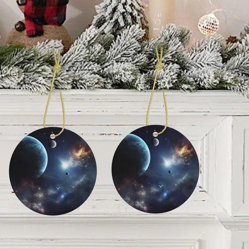 Adorno de Navidad redondo colgante de Navidad, luna, estrellas y planetas, árbol de Navidad, cerámica, adorno colgante de cerámica personalizado