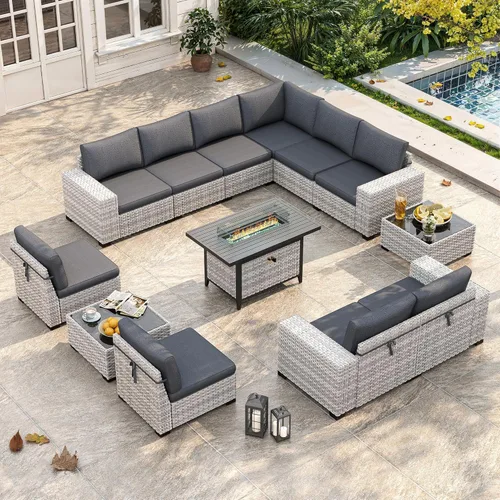 Miniatura 13 de Juego de muebles de mimbre para patio al aire libre de 3 piezas, sillas de patio giratorias mecedoras con respaldo alto con cojines gruesos de 4