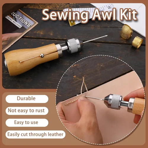 Miniatura 4 de Kit de punzón de costura, herramienta portátil, hilo de coser de cuero, kit de hilo encerado para manualidades de reparación de costura de cuero