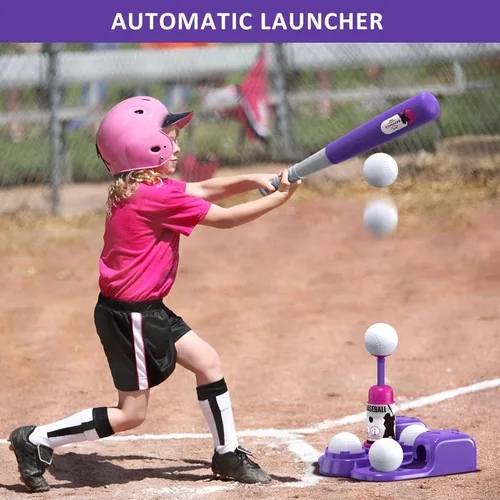 Miniatura 3 de QDRAGON Juego de 2 en 1 de T Ball para niños de 3-5 y 5-8 años, juego de Tee Ball con máquina lanzadora automática/bate de bateo ajustable y Rosa