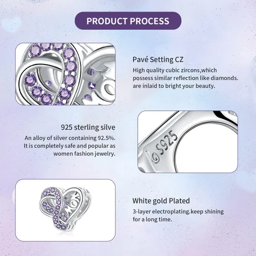 Miniatura 5 de VOROCO Sterling Silver Mom Charm Birthstone for Bracelets and Necklacesfront and back Consistent Infinity charms Heart for Mothers Birthday