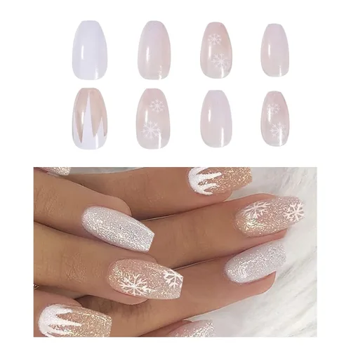Miniatura 9 de Año Nuevo Navidad Prensa en Uñas Largas Ataúd Acrílico Uñas Falsas Kit Navidad Copo de Nieve Decoración de Uñas Falsas Bailarina Uñas Falsas Puntas